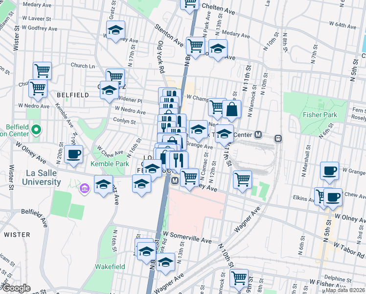 map of restaurants, bars, coffee shops, grocery stores, and more near 5749 North Broad Street in Philadelphia