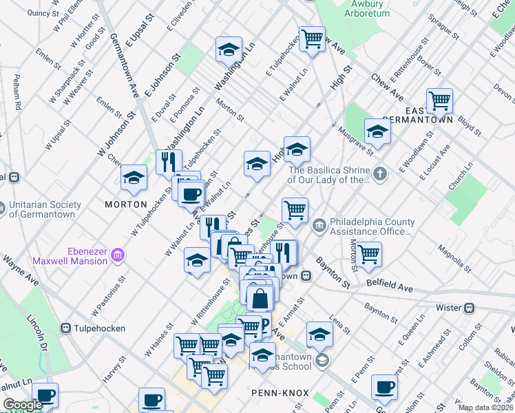 map of restaurants, bars, coffee shops, grocery stores, and more near 5925 Baynton Street in Philadelphia