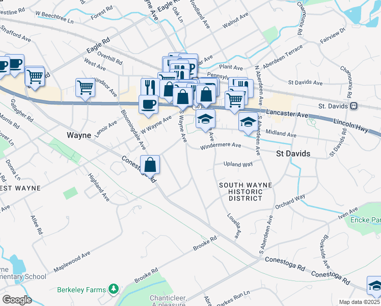 map of restaurants, bars, coffee shops, grocery stores, and more near 100 Windermere Avenue in Wayne