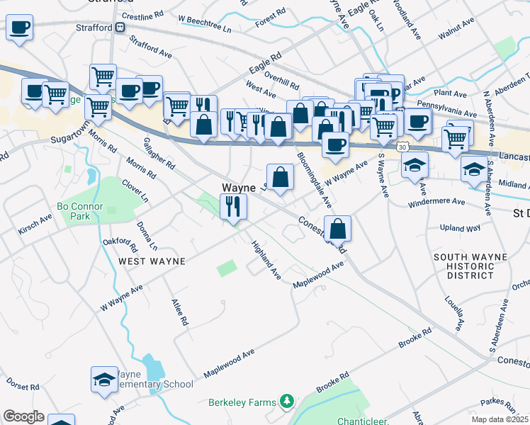 map of restaurants, bars, coffee shops, grocery stores, and more near 306 West Wayne Avenue in Wayne