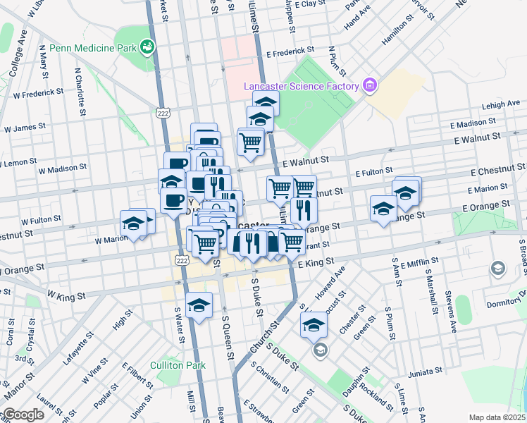 map of restaurants, bars, coffee shops, grocery stores, and more near in Lancaster
