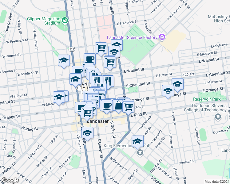 map of restaurants, bars, coffee shops, grocery stores, and more near in Lancaster