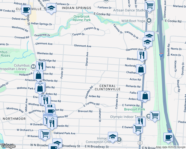 map of restaurants, bars, coffee shops, grocery stores, and more near 348 Acton Road in Columbus