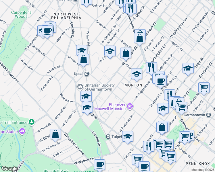 map of restaurants, bars, coffee shops, grocery stores, and more near 300 West Johnson Street in Philadelphia