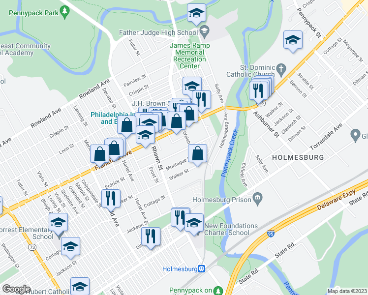 map of restaurants, bars, coffee shops, grocery stores, and more near 8068 Erdrick Street in Philadelphia