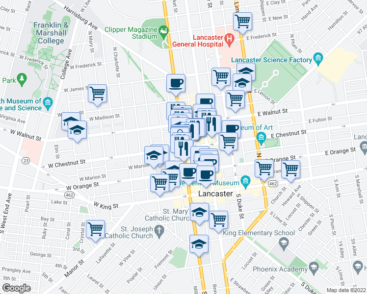 map of restaurants, bars, coffee shops, grocery stores, and more near 200 N Prince St in Lancaster
