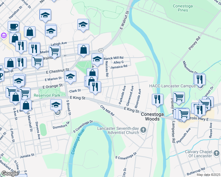map of restaurants, bars, coffee shops, grocery stores, and more near 46 Cottage Avenue in Lancaster