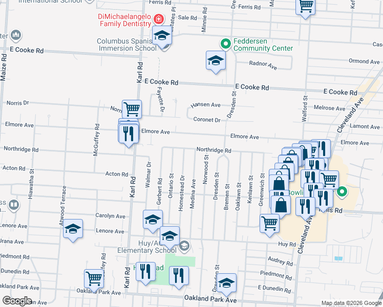 map of restaurants, bars, coffee shops, grocery stores, and more near 3627 Medina Ave in Columbus
