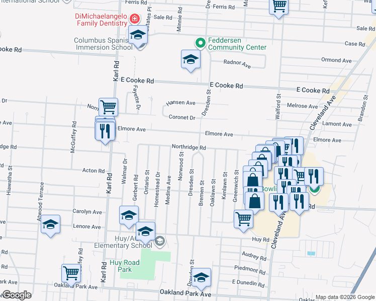 map of restaurants, bars, coffee shops, grocery stores, and more near 1647 Northridge Road in Columbus
