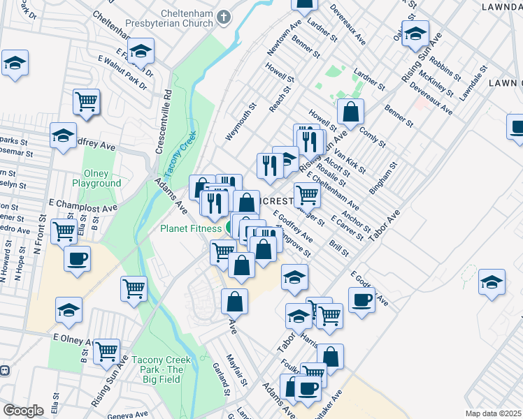 map of restaurants, bars, coffee shops, grocery stores, and more near 500 East Godfrey Avenue in Philadelphia