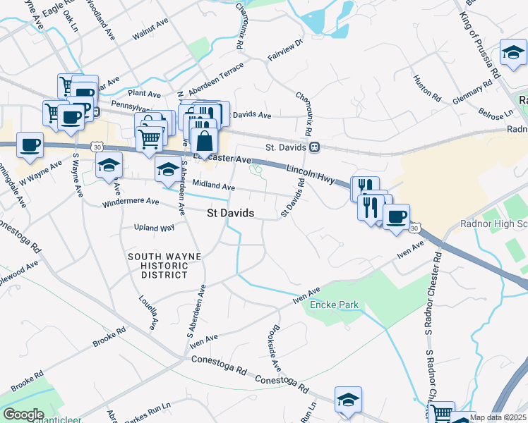 map of restaurants, bars, coffee shops, grocery stores, and more near 419 Saint Davids Road in Wayne