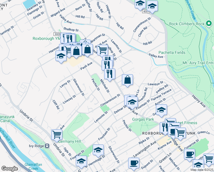 map of restaurants, bars, coffee shops, grocery stores, and more near 6743 Mitchell Street in Philadelphia
