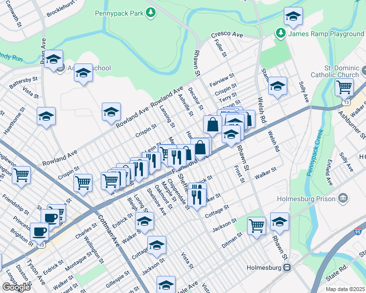 map of restaurants, bars, coffee shops, grocery stores, and more near 3532 Lansing St in Philadelphia