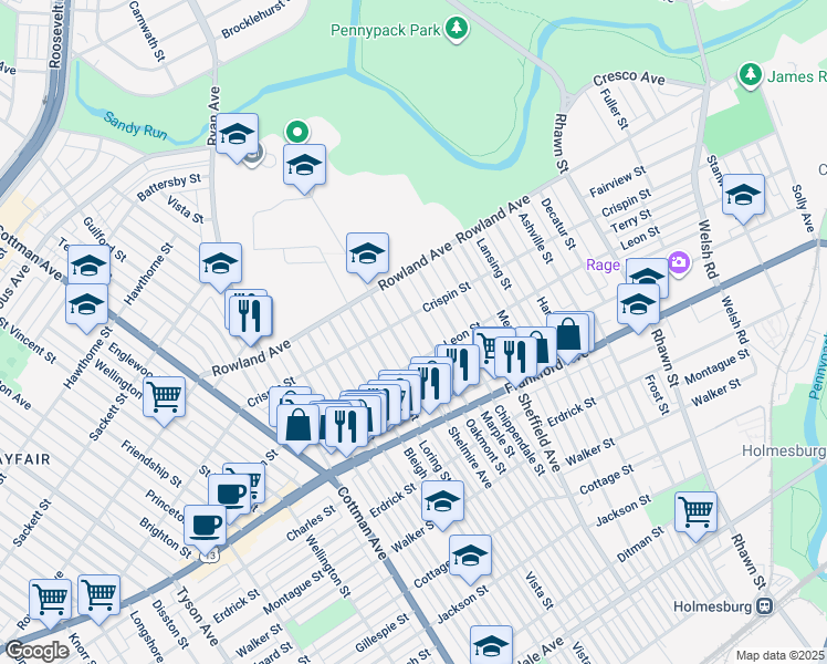 map of restaurants, bars, coffee shops, grocery stores, and more near 3414 Oakmont St in Philadelphia