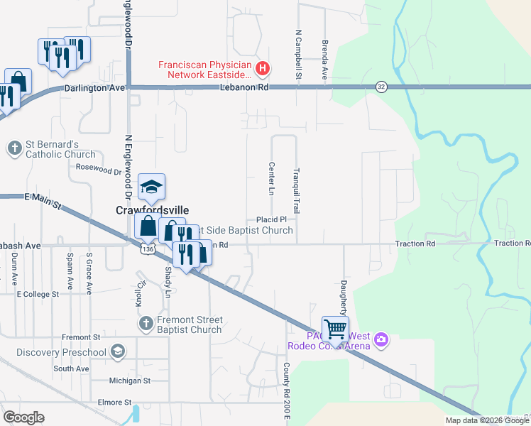 map of restaurants, bars, coffee shops, grocery stores, and more near 99 Center Lane in Crawfordsville