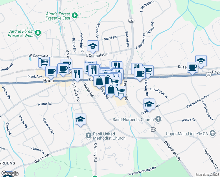 map of restaurants, bars, coffee shops, grocery stores, and more near 18 Paoli Shopping Center in Paoli