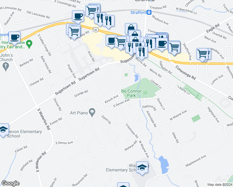 map of restaurants, bars, coffee shops, grocery stores, and more near 602 Kirsch Avenue in Wayne