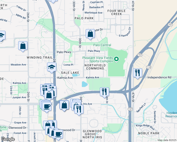 map of restaurants, bars, coffee shops, grocery stores, and more near 3649 Silverton Street in Boulder
