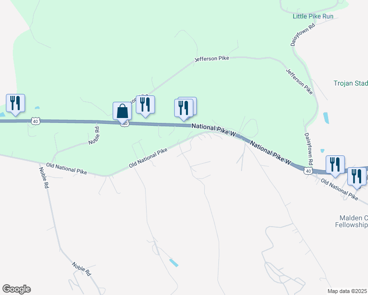 map of restaurants, bars, coffee shops, grocery stores, and more near 559 Old National Pike in Brownsville