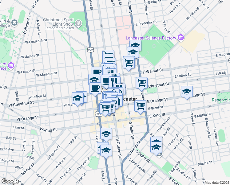 map of restaurants, bars, coffee shops, grocery stores, and more near 151 North Queen Street in Lancaster