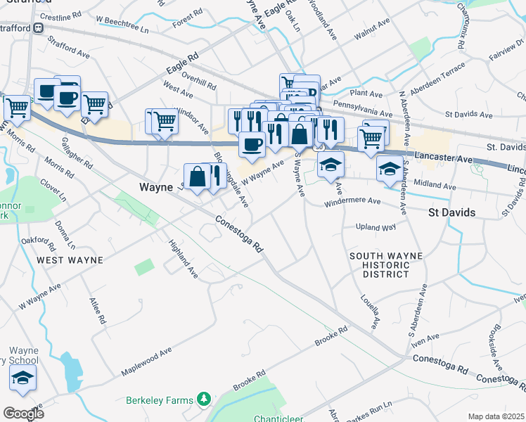 map of restaurants, bars, coffee shops, grocery stores, and more near 131 Runnymede Avenue in Wayne
