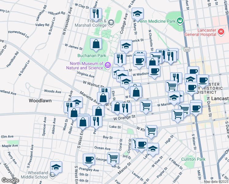 map of restaurants, bars, coffee shops, grocery stores, and more near 251 Elm Street in Lancaster