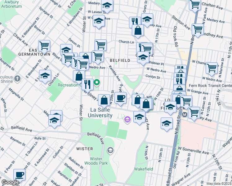 map of restaurants, bars, coffee shops, grocery stores, and more near 1931 West Chew Avenue in Philadelphia
