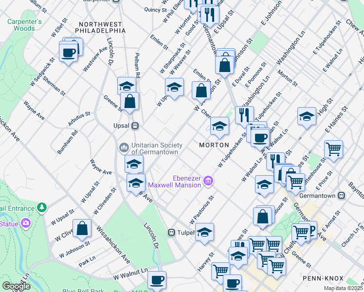 map of restaurants, bars, coffee shops, grocery stores, and more near 259 West Duval Street in Philadelphia