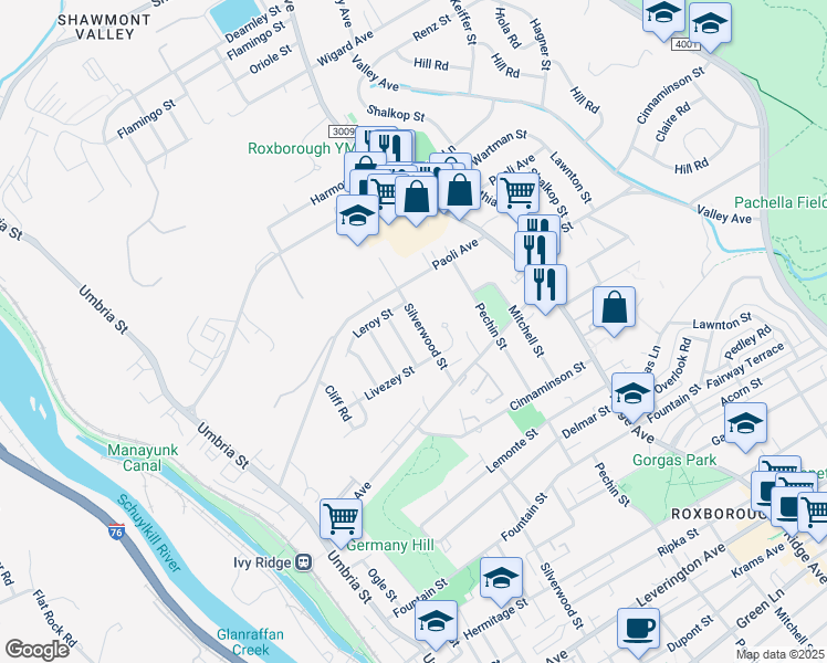 map of restaurants, bars, coffee shops, grocery stores, and more near 6956 Silverwood Street in Philadelphia