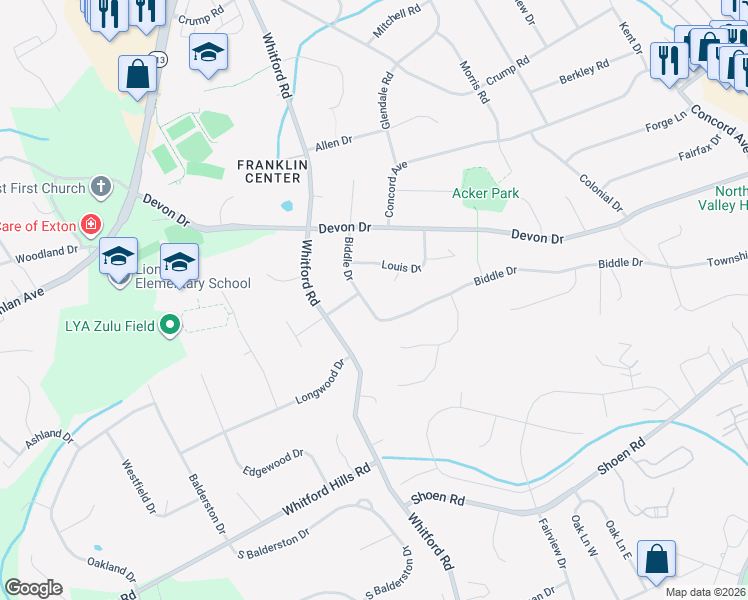 map of restaurants, bars, coffee shops, grocery stores, and more near 217 Biddle Drive in Exton