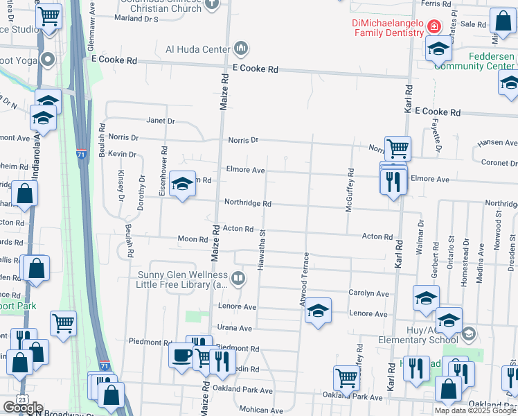 map of restaurants, bars, coffee shops, grocery stores, and more near 1099 Northridge Road in Columbus