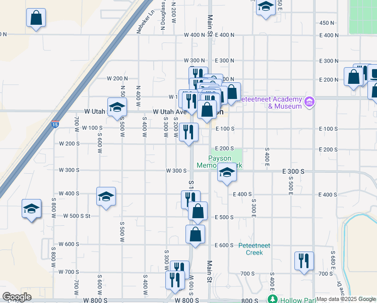 map of restaurants, bars, coffee shops, grocery stores, and more near 230 South 100 West in Payson