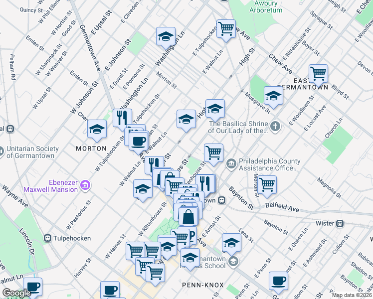 map of restaurants, bars, coffee shops, grocery stores, and more near 5925 Baynton Street in Philadelphia