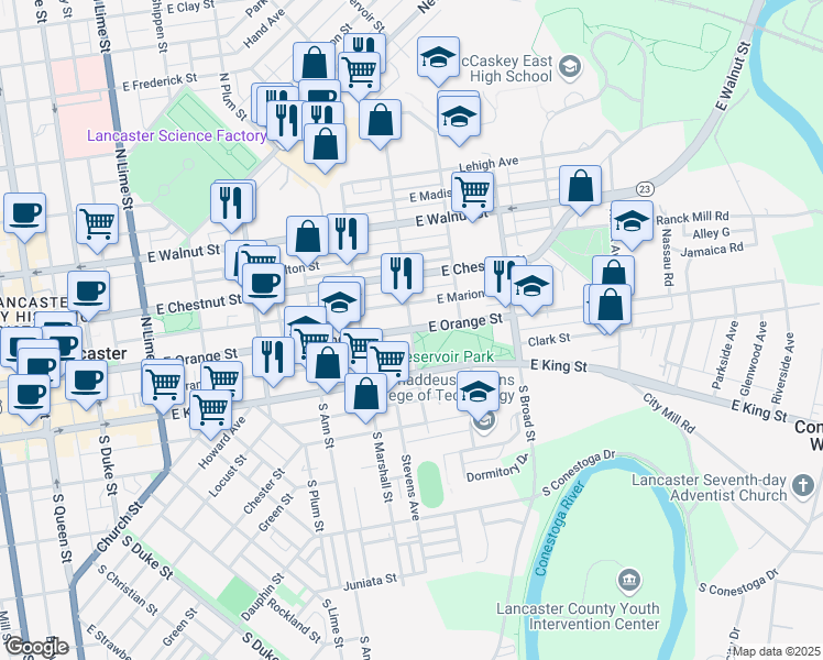 map of restaurants, bars, coffee shops, grocery stores, and more near 49 North Franklin Street in Lancaster
