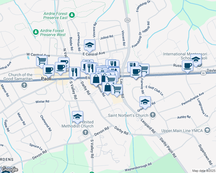 map of restaurants, bars, coffee shops, grocery stores, and more near 18 Paoli Shopping Center in Paoli