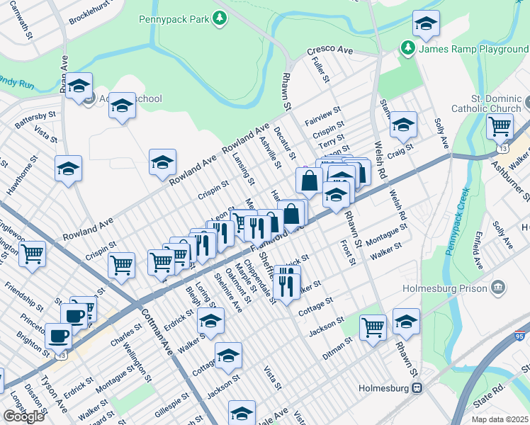 map of restaurants, bars, coffee shops, grocery stores, and more near 3530 Lansing Street in Philadelphia