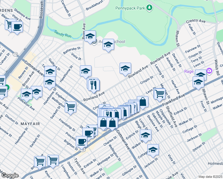 map of restaurants, bars, coffee shops, grocery stores, and more near 3301 Tudor Street in Philadelphia