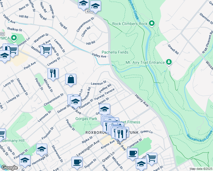 map of restaurants, bars, coffee shops, grocery stores, and more near 582 Pedley Road in Philadelphia