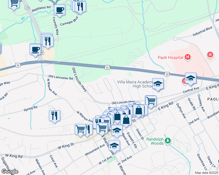 map of restaurants, bars, coffee shops, grocery stores, and more near 235 Miner Street in Malvern