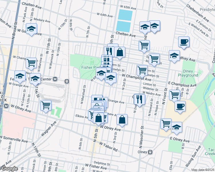 map of restaurants, bars, coffee shops, grocery stores, and more near 5900 North Lawrence Street in Philadelphia