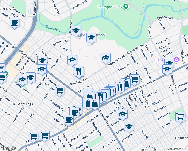 map of restaurants, bars, coffee shops, grocery stores, and more near 3301 Tudor Street in Philadelphia
