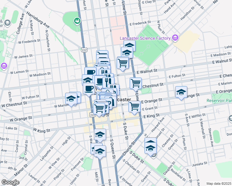 map of restaurants, bars, coffee shops, grocery stores, and more near 150 North Duke Street in Lancaster