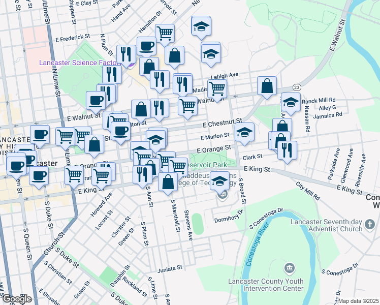 map of restaurants, bars, coffee shops, grocery stores, and more near 71 North Franklin Street in Lancaster