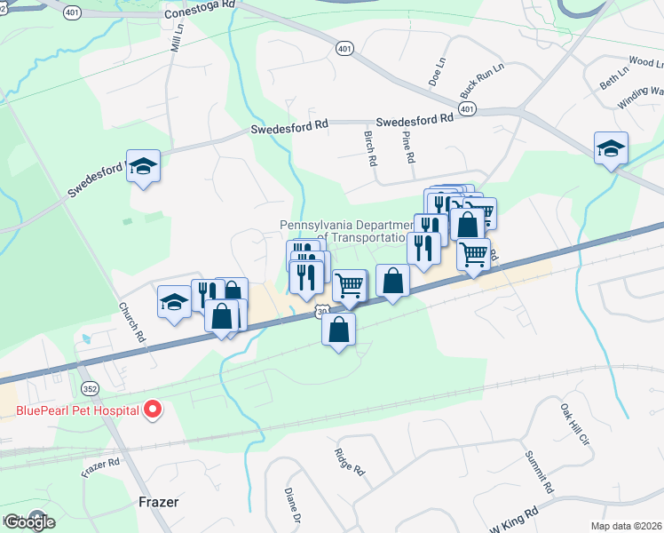 map of restaurants, bars, coffee shops, grocery stores, and more near 218 Josephs Way in Malvern