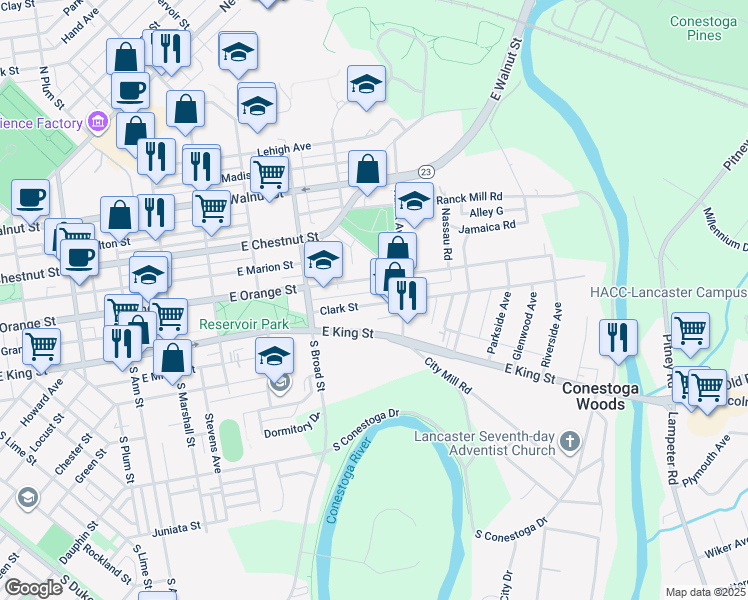 map of restaurants, bars, coffee shops, grocery stores, and more near 975 Clark Street in Lancaster