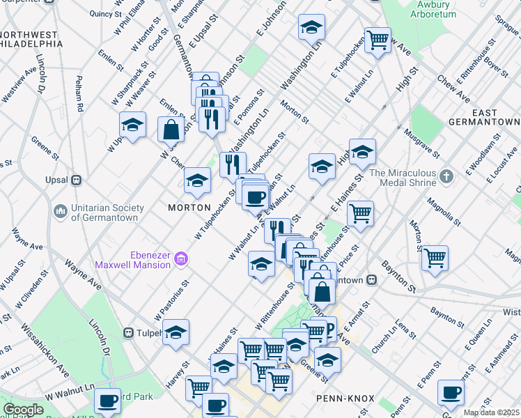map of restaurants, bars, coffee shops, grocery stores, and more near 25 East Walnut Lane in Philadelphia