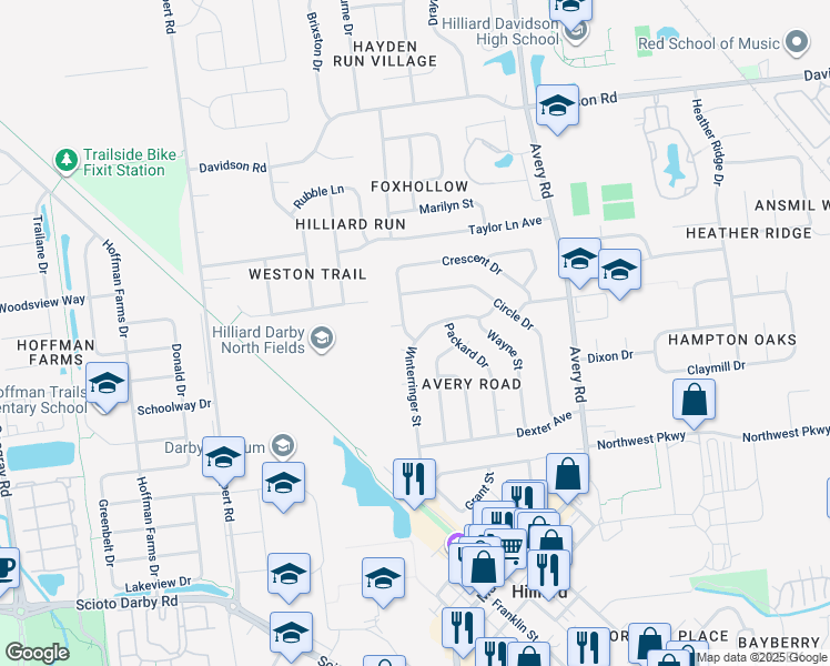 map of restaurants, bars, coffee shops, grocery stores, and more near 4380 Sherwood Drive in Hilliard