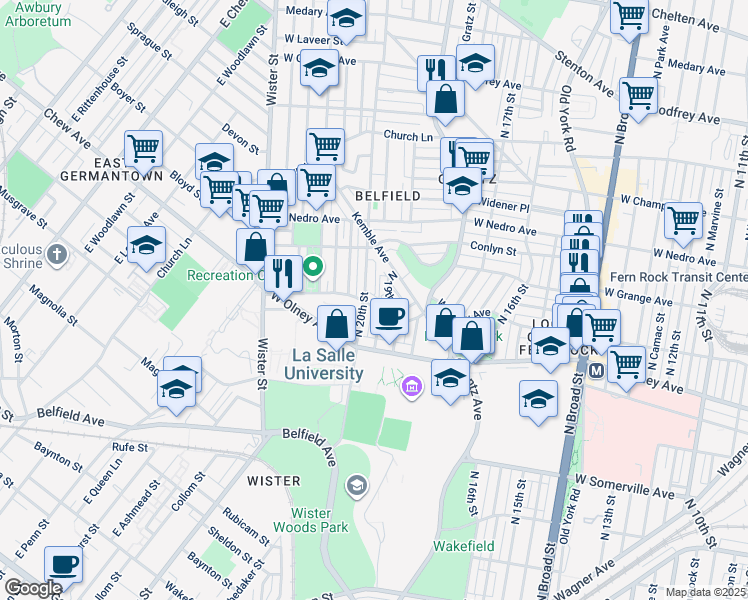 map of restaurants, bars, coffee shops, grocery stores, and more near 1933 West Chew Avenue in Philadelphia