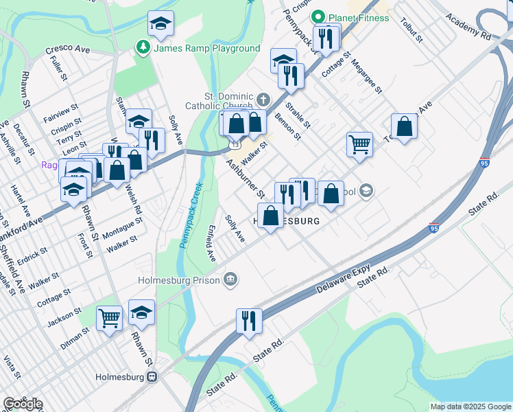 map of restaurants, bars, coffee shops, grocery stores, and more near 8336 Ditman Street in Philadelphia