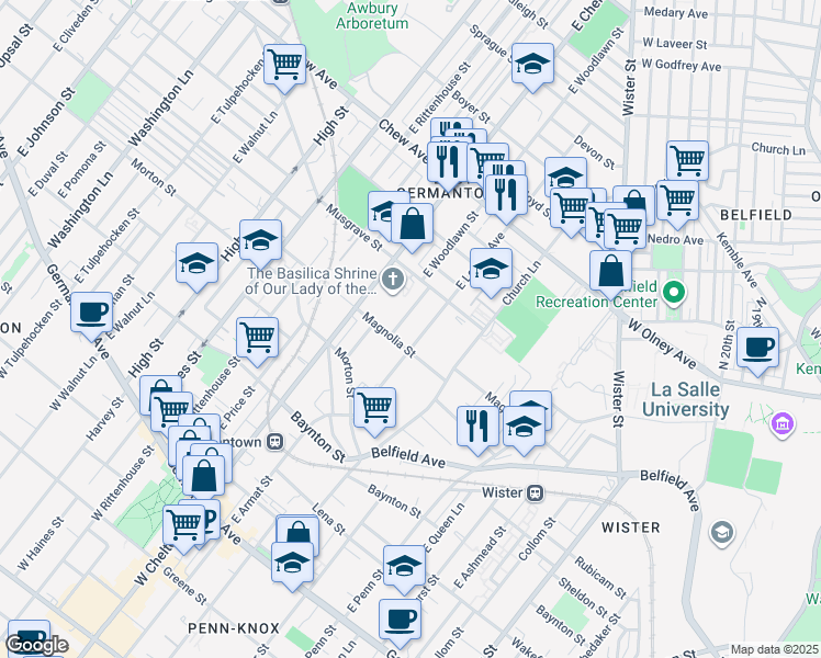 map of restaurants, bars, coffee shops, grocery stores, and more near 515 East Locust Avenue in Philadelphia